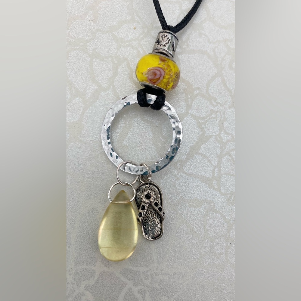 Handmade Hammered Circle Yellow Czech Glass Drop Necklace with Flip Flop Charm
